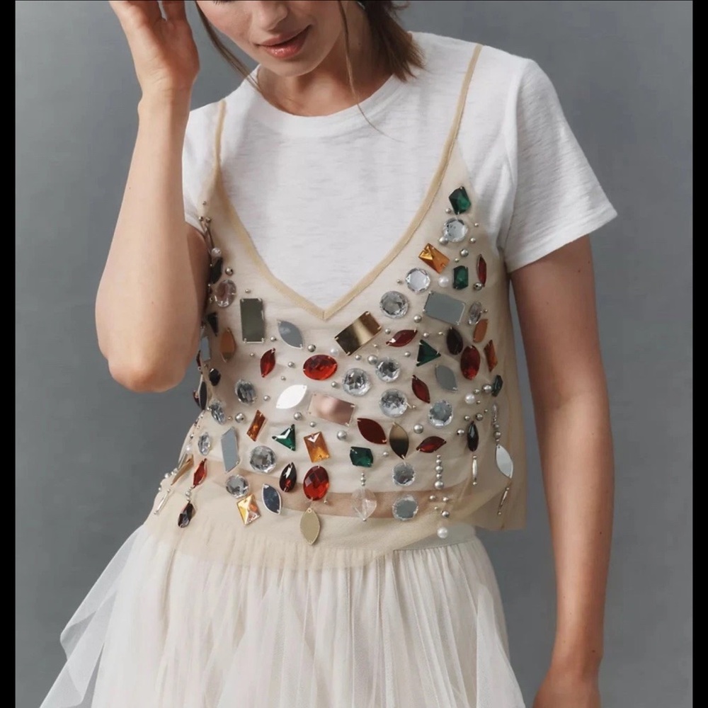 Anthropologie Jewel-Embellished Sheer Polyester Camisole